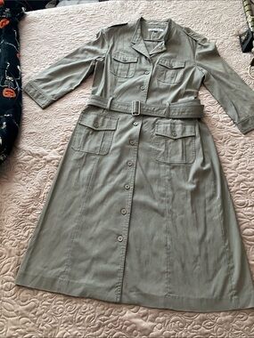 Katherine Barclay Olive Green Button-Front Utility Dress with Belt